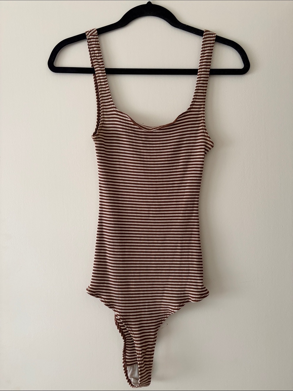 Reformation Brown and White Striped Square-Necked Ribbed Bodysuit